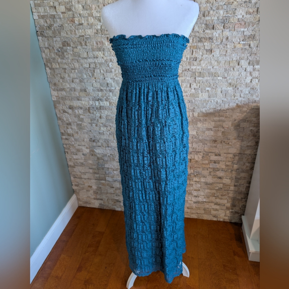 Teal Smocked Strapless Lace Boho Maxi Tube Dress Tiered Boho Hippie Blue Small